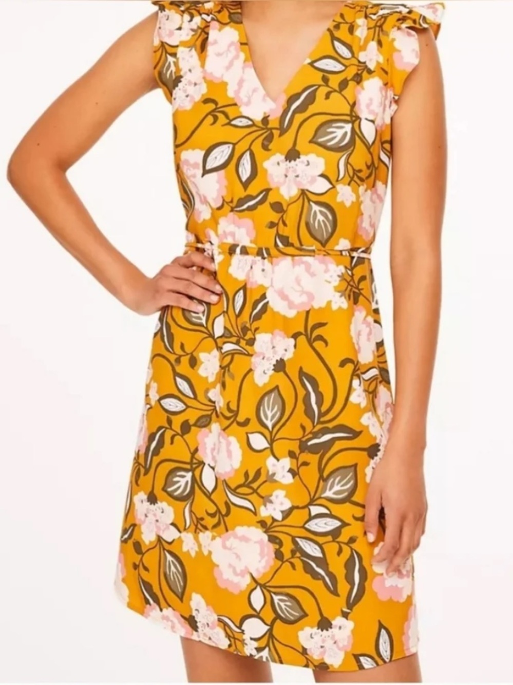 LOFT Mustard Floral V-Neck Sleeveless Mini Dress